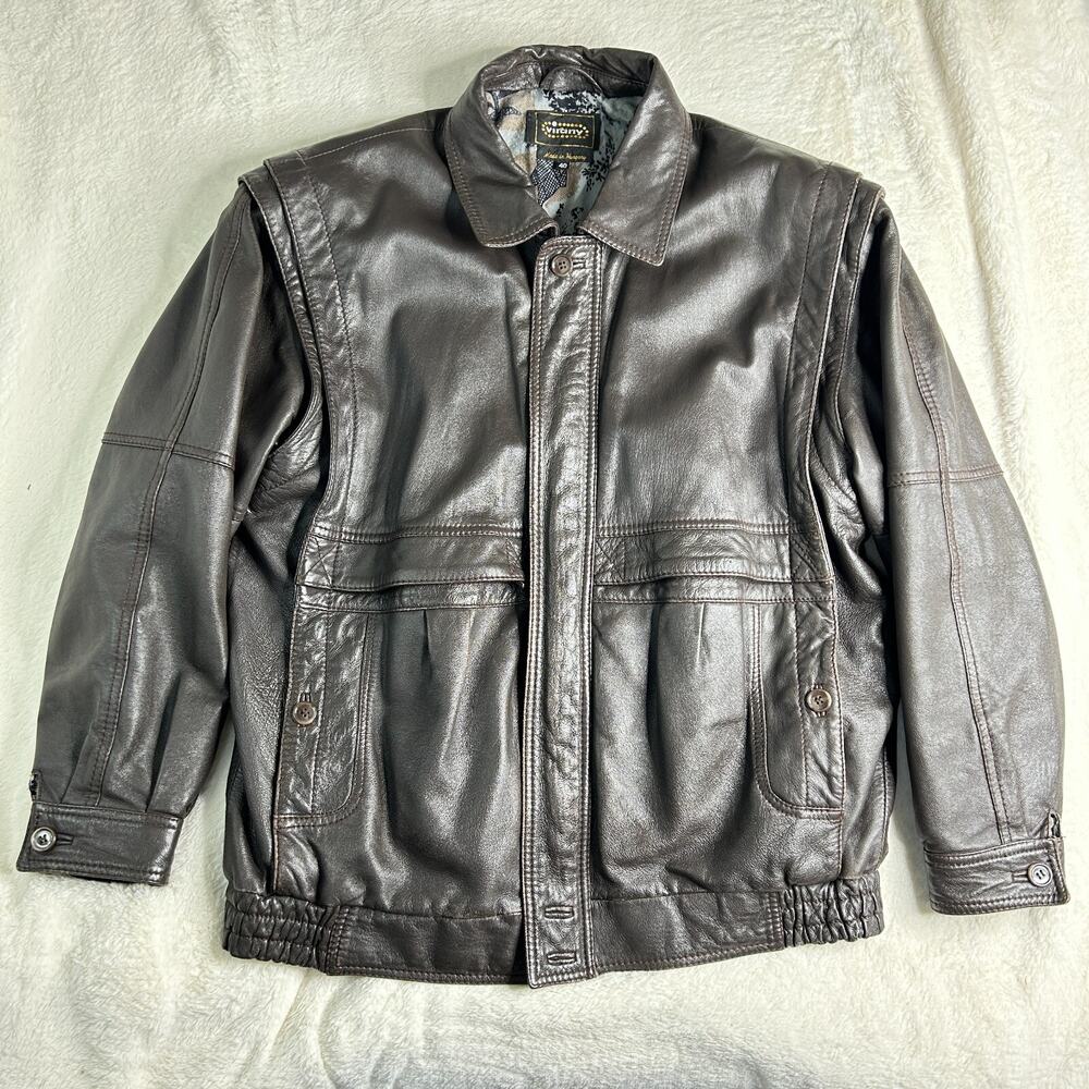 Virany Genuine Leather Biker Jacket Zip Closure Collage Lining - Brown